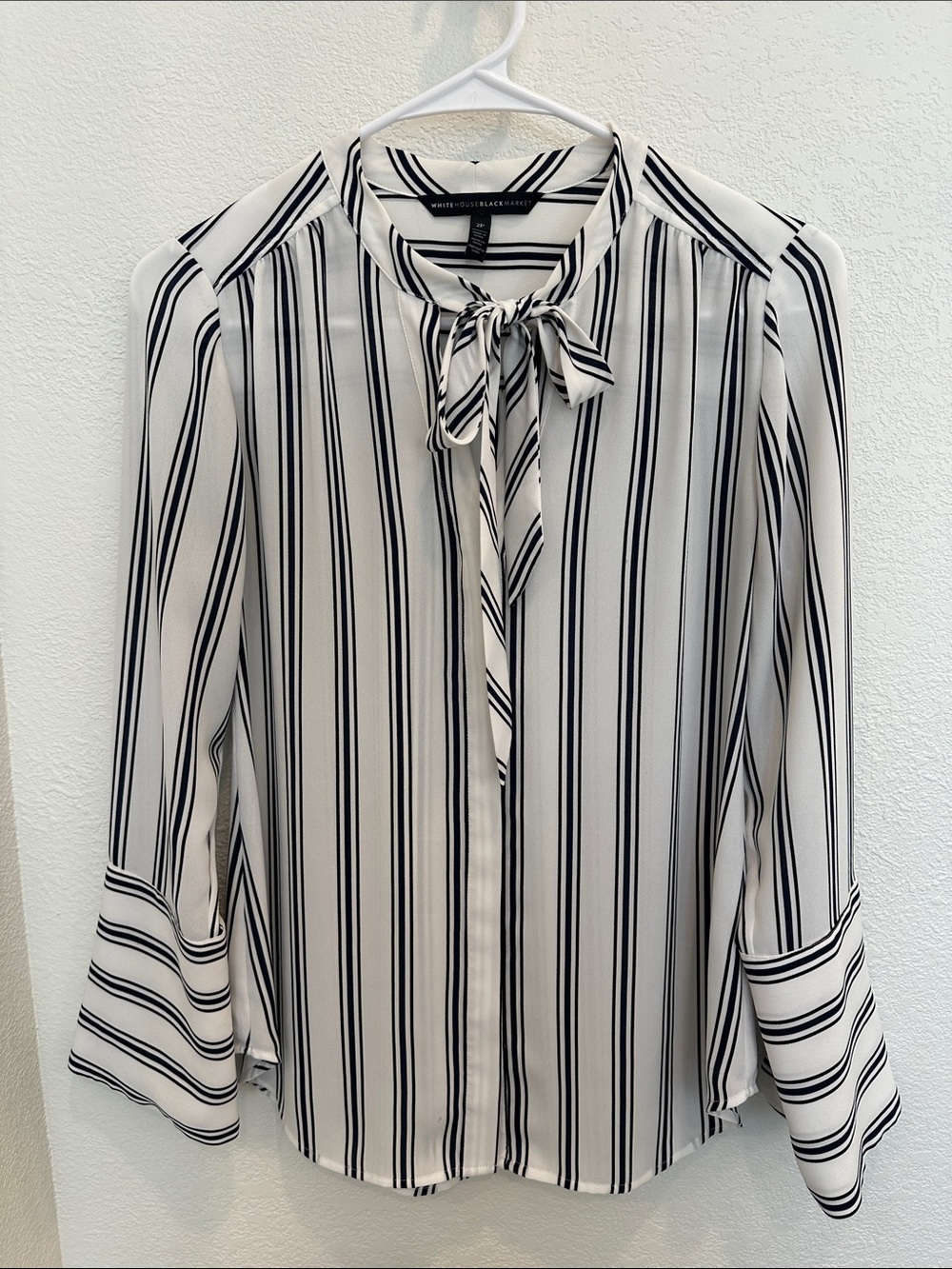 White House Black Market Ivory and Navy Striped Tie-Neck Blouse